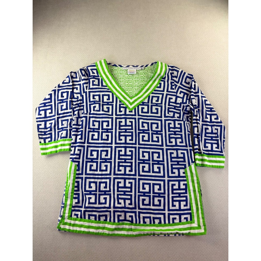 Gretchen Scott Navy Blue Green Greek Key Cotton Tunic Top Size M Swim Cover-up